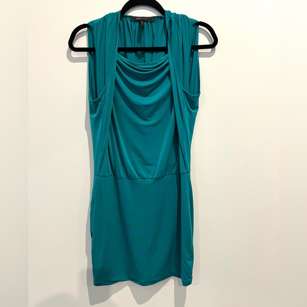 BCBG Max Azria Teal Turquoise Blue Sleeveless Waterfall Mini Dress Size S